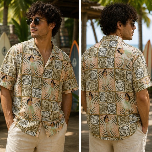 Tommy Bahama Other - Tommy Bahama Hula Girl Shirt Mens L Beige Silk Tropical Camp‎ Relax Fit